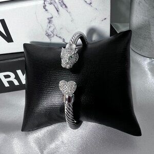 925 Sterling Silver Adjustable Twisted Cuff Panther & Heart Bracelet